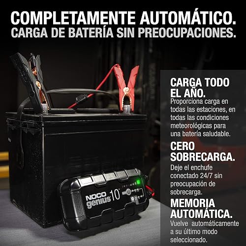 NOCO GENIUS10: Cargador de batería Inteligente 6V/12V 10A – Mantenedor automático, Cargador Lento y desulfatador con protección contra sobrecarga y compensación térmica – para baterías Plomo y Litio