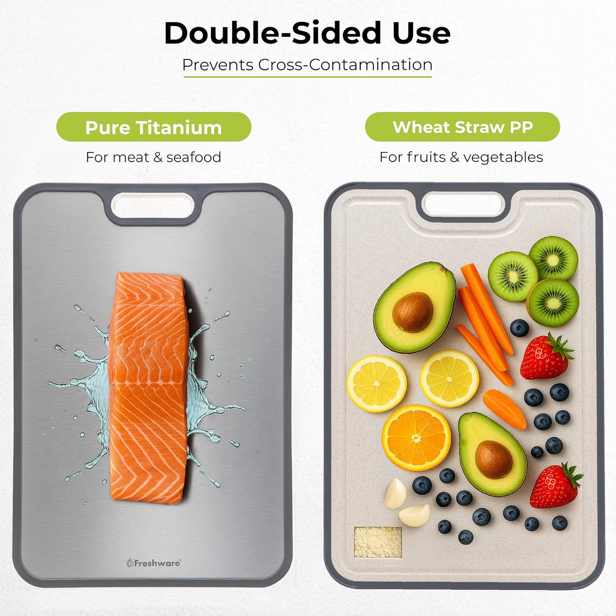 Freshware - Tabla de cortar de titanio para cocina, tablas de cortar de doble cara y antideslizantes, titanio puro/PP, tabla de cortar con ranuras para jugos, apta para lavaplatos, tamaño grande de