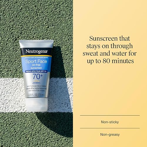 Neutrogena - Protector solar en loción sin aceite para rostro deportivo con SPF 70+ de amplio espectro, protector solar activo resistente al sudor y al agua, 2.5 onzas líquidas