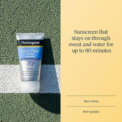 Neutrogena - Protector solar en loción sin aceite para rostro deportivo con SPF 70+ de amplio espectro, protector solar activo resistente al sudor y al agua, 2.5 onzas líquidas