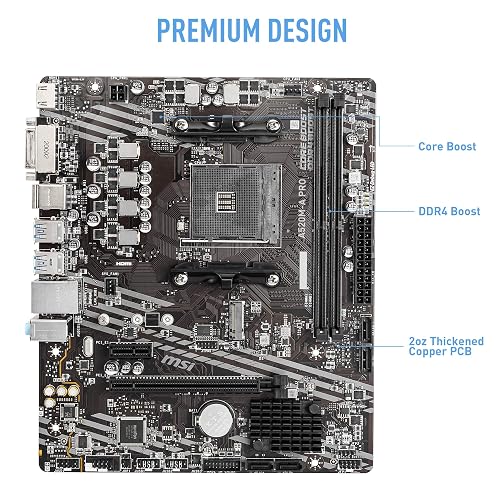 MSI - Tarjeta Madre -A520M-A PRO - MATX - Socket AM4 - Soporta memoria DDR4 hasta DDR4-4600 MHz (OC) MHz -HDMI - 2 DIMM, Memoria Máxima DDR4 (64 GB) - Para AMD