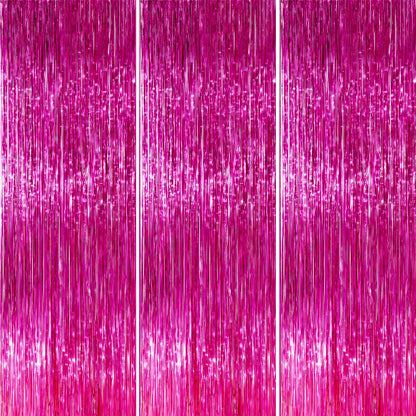 PartyWoo Cortina de Flecos Metálicos para Fiesta, Paquete de 3 - Rosa caliente-1454 - 3.3x8.2 Feet