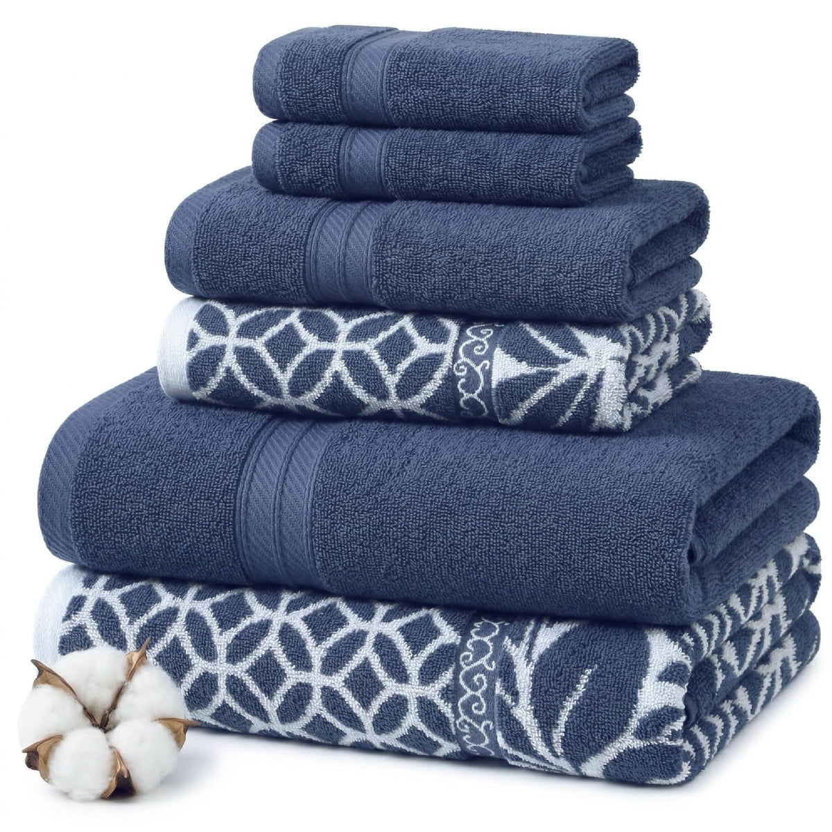 Amrapur Overseas - | Juego de toallas de jacquard teñidas con hilo reversible de 6 piezas con filigrana de trébol (dorado) - Índigo - mediana