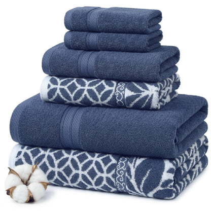 Amrapur Overseas - | Juego de toallas de jacquard teñidas con hilo reversible de 6 piezas con filigrana de trébol (dorado) - Índigo - mediana