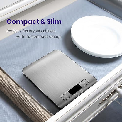 Etekcity Báscula de Cocina Digital de Precisión, Balanza Cocina de Acero Inoxidable 5 kg/ 11 lbs, Peso Cocina Multifuncional, Pantalla LCD, 2 Baterías Incluidas