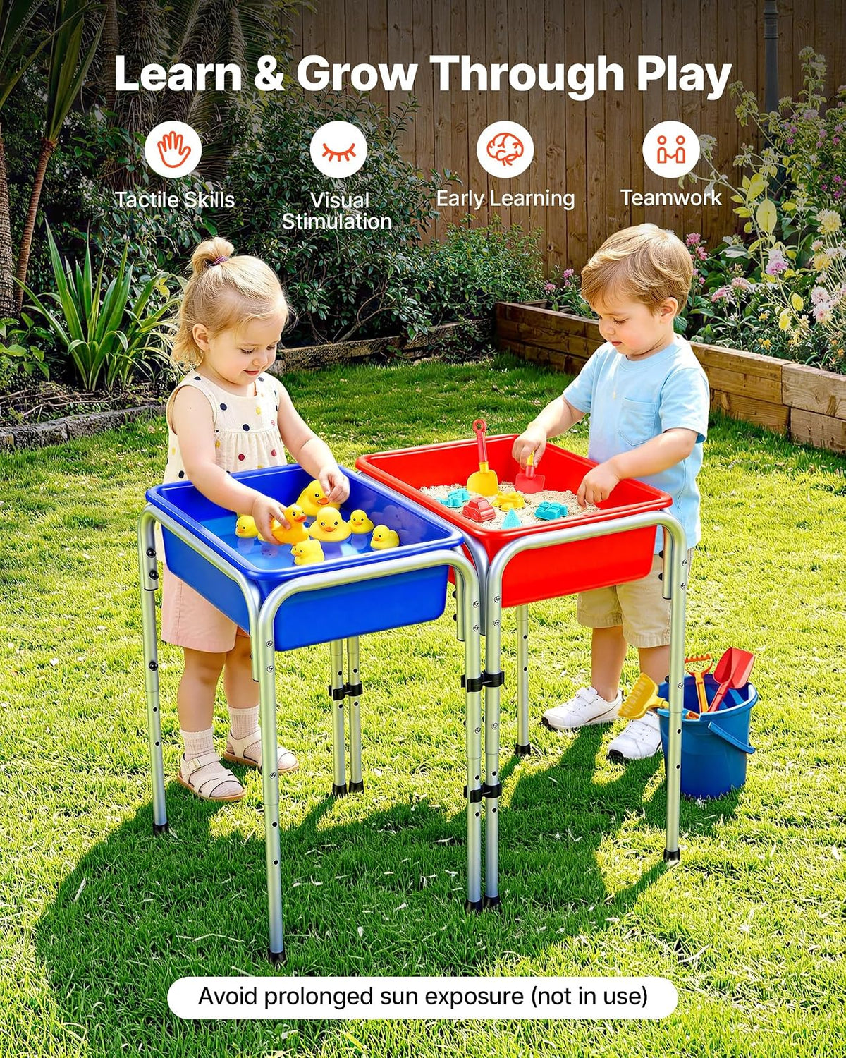 VEVOR Mesa Sensorial Infantil, Mesa de Juego de Agua y Arena para Niños de 3-6 Años, 3 Alturas Ajustables, 2 Cajas Desmontables, Patas Antideslizantes, Acero al Carbono, para Actividades al Aire Libre