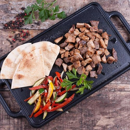 Victoria - Plancha rectangular reversible de hierro fundido para dos quemadores, sazonada con aceite de linaza con certificación 100% kosher sin OMG, 33 x 21 cm, color negro