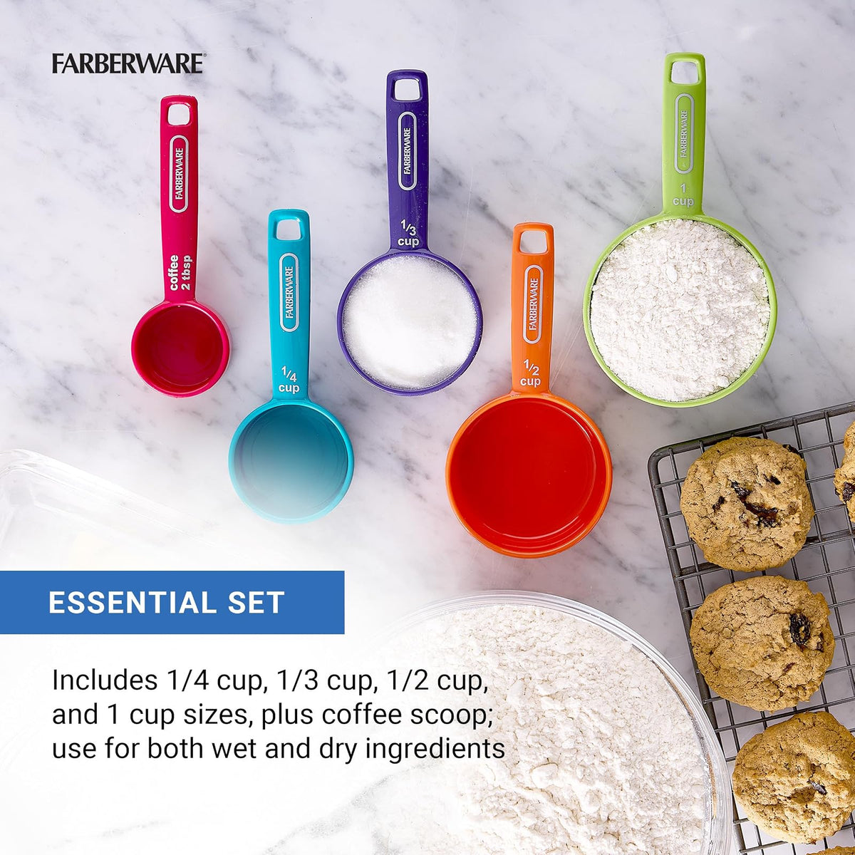 Farberware 5216439 Professional Plastic Measuring Cups with Coffee Spoon, Set of 5, Assorted Colors