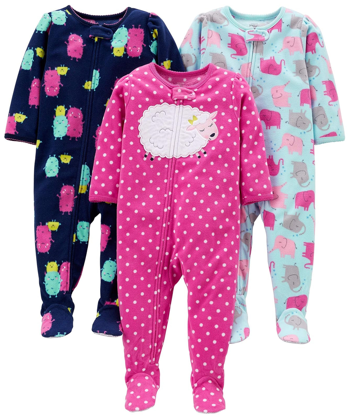 Simple Joys by Carter's Pijama Polar con Pies para Bebé y Niña, Paquete de 3 - Elephant - Lamb - Monster - 5 Años