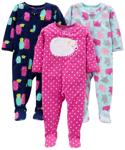 Simple Joys by Carter's Pijama Polar con Pies para Bebé y Niña, Paquete de 3 - Elephant - Lamb - Monster - 5 Años