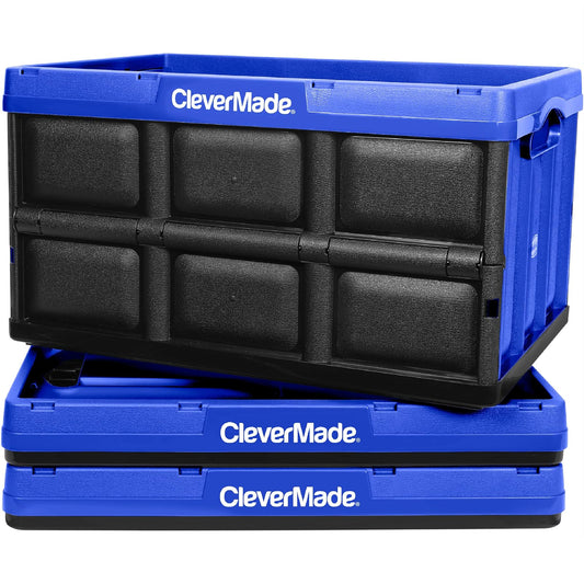 CleverMade - Contenedores de almacenamiento plegable, color azul real, paquete de 3 – 62 l (16 gal), capacidad para 100 libras por cubeta, contenedores de almacenamiento de plástico para organizar,