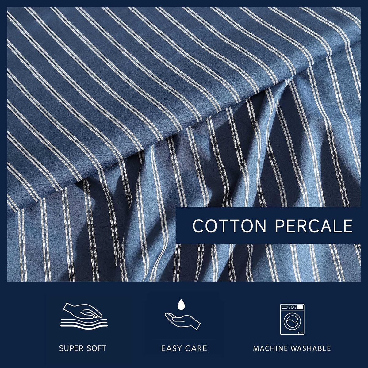 Nautica - Juego de sábanas de percal de algodón de Alta Calidad, Juego de Ropa de Cama a Rayas, Certificado Oeko-Tex, Color Azul Rayado, tamaño Individual XL