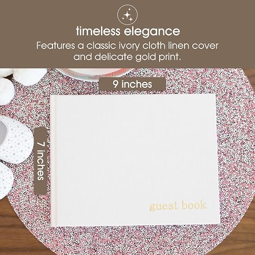 Pearhead - Libro de visitas para baby shower, clásico de género neutro para baby shower, bodas, fiestas y eventos, lino marfil con estampado dorado, 100 páginas en blanco