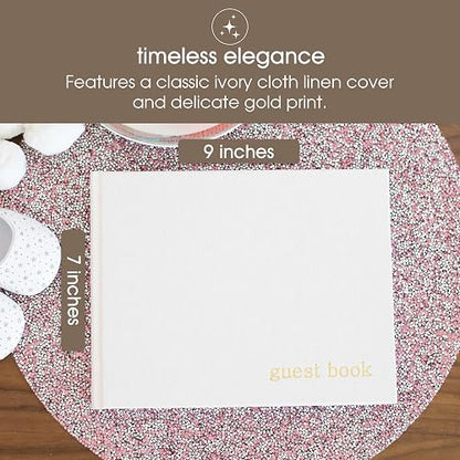 Pearhead - Libro de visitas para baby shower, clásico de género neutro para baby shower, bodas, fiestas y eventos, lino marfil con estampado dorado, 100 páginas en blanco