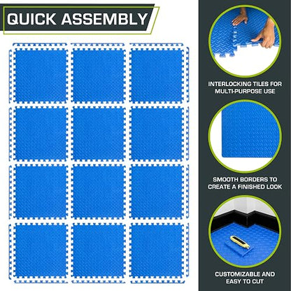 ProsourceFit Exercise Puzzle Mat , EVA Foam Interlocking Tiles Protective and Cushion Flooring for Gym Equipment, Exercise and Play Area, Blue - 1/2 Inch - 48 Sq Ft - 12 Tiles