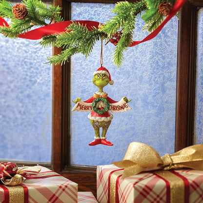 Enesco Dr. Seuss Grinch by Jim Shore Santa Grinch Holding Merry Christmas Banner Colgante Ornamento Colgante, Hecho a Mano, Pintado a Mano, Adornos coleccionables para árbol de Navidad, Regalo de