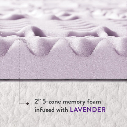 Mellow Espuma viscoelástica de 5 Zonas, 2 Pulgadas, infusión de Lavanda Relajante, Esencial para recámara, cubrecolchón Completo