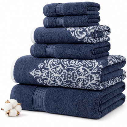 Amrapur Overseas | Artesia Damask 6 Piece Reversible Yarn Dyed Jacquard Towel Set (Indigo)