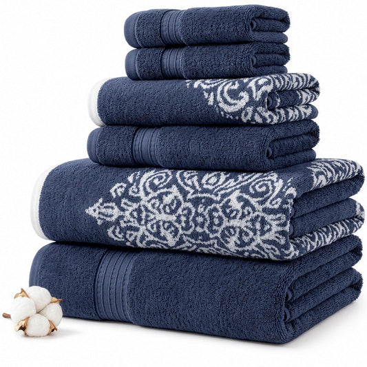 Amrapur Overseas | Artesia Damask 6 Piece Reversible Yarn Dyed Jacquard Towel Set (Indigo)