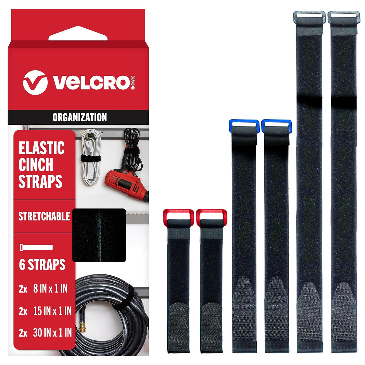 Velcro Correas Elásticas Ajustables 30 Pulgadas, Paquete de 4 - 6PK Variety 8"-15"-30"