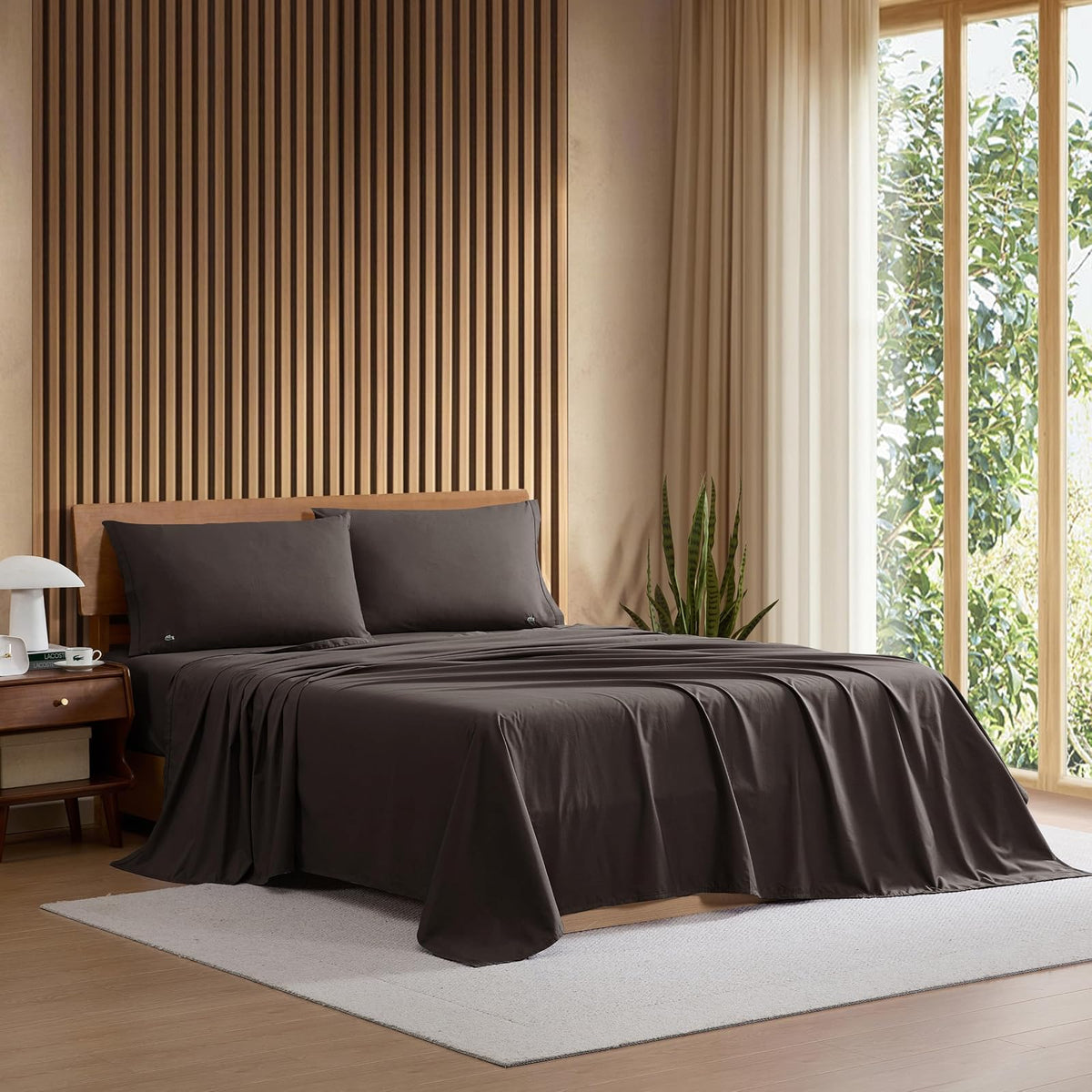 Lacoste Juego de Sábanas de Percal 100% Algodón - Gris Oscuro - Individual Extra Grande