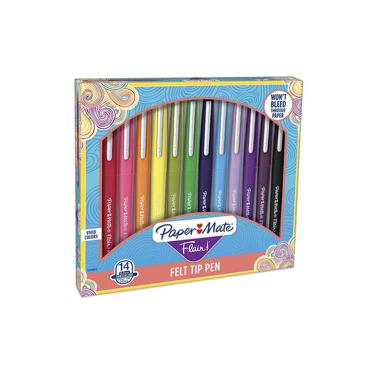 Paper Mate Flair Marcador 1919653 | Paquete de 14, colores variados, punta porosa, guarda punta