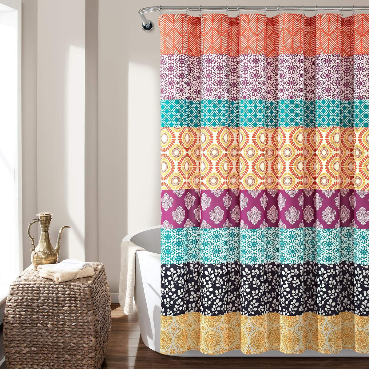 Lush Decor - Cortina de Ducha de Rayas Bohemias, 72 Pulgadas de Ancho x 72 Pulgadas de Largo, Color Fucsia y Naranja - Cortina de baño - Cortina de Ducha a Rayas - Decoración Bohemia, Cortinas de