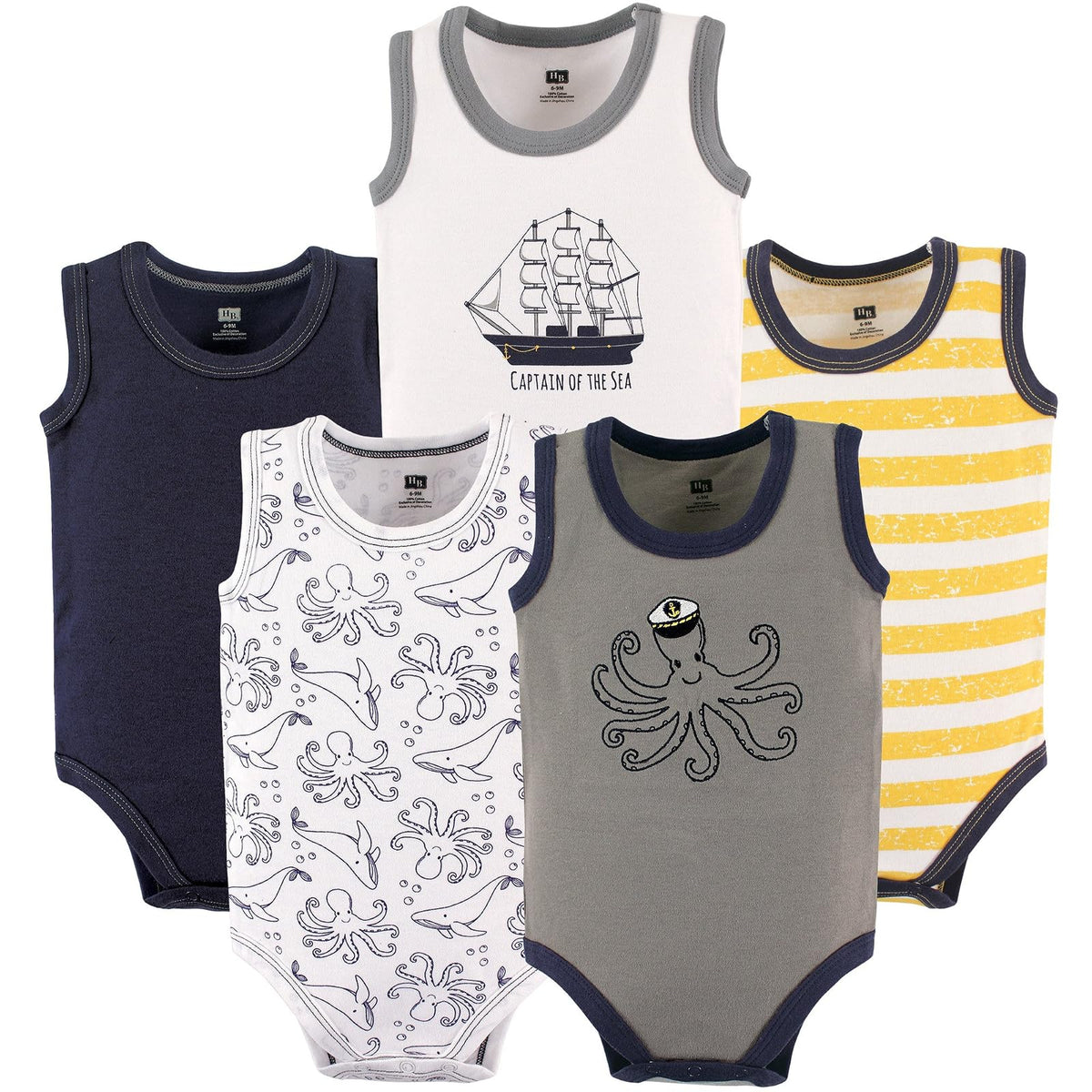 Hudson Baby Body Unisex sin Mangas para Bebé, Paquete de 5, Algodón - 3-6 Meses - Sea Captain