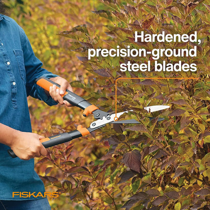 Fiskars - Tijeras de setos de 23 pulgadas, cortadora de arbustos con tecnología PowerGear2 que multiplica la potencia para menos esfuerzo, asas SoftGrip con parachoques que absorben los golpes
