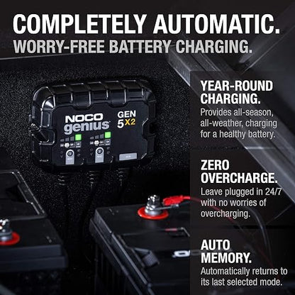 NOCO Genius GEN5X2 Cargador de Batería Marino Inteligente de 2 Bancos, 10 A, 12 V, Negro