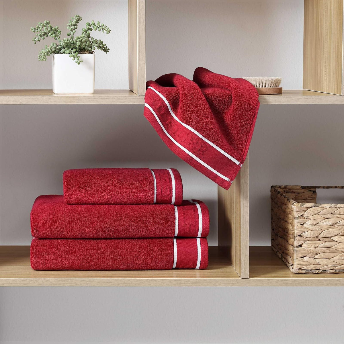 Tommy Hilfiger - Juego de Toallas de baño, algodón Suave y Absorbente, de Secado rápido y construcción Cero torsión, diseño Moderno (Rojo heredado, 6 Piezas)