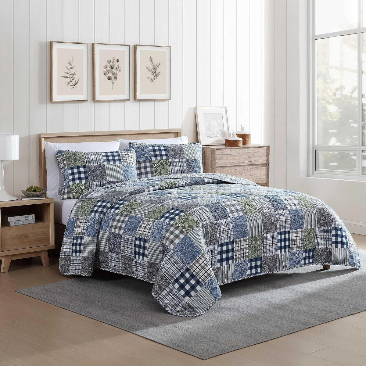Eddie Bauer - Juego de edredón individual, ropa de cama de algodón reversible con funda a juego, decoración del hogar con reverso a cuadros (acogedor patchwork a cuadros azul/verde, tamaño individual)