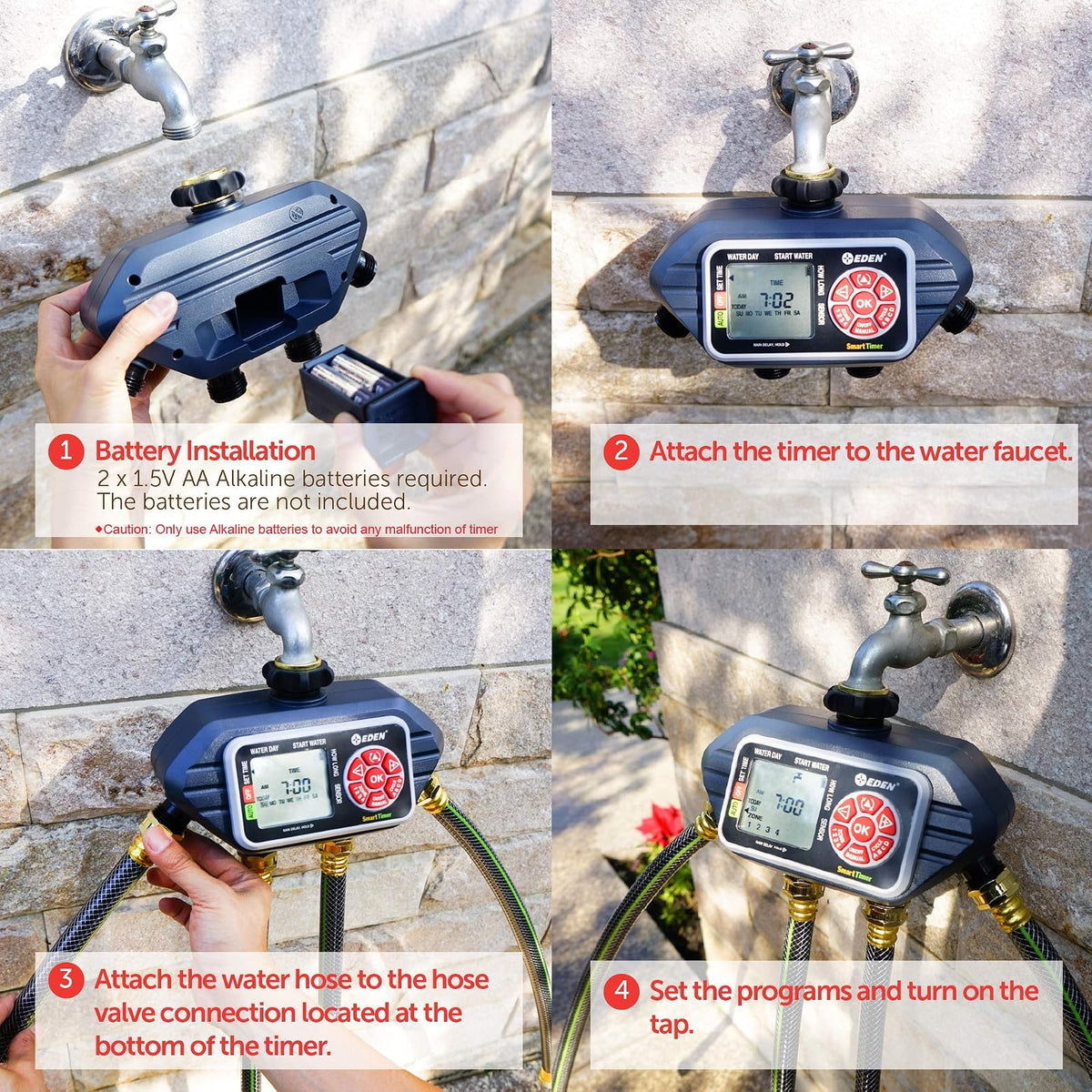 Eden 93413 Temporizador Digital programable de Agua de 4 Zonas, Compatible con Sensor inalámbrico de Humedad del Piso