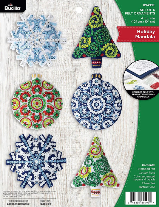 Bucilla - Juego de 6 piezas de adornos de fieltro para hacer adornos, mandala Navidad, perfecto para manualidades y manualidades, 89499E