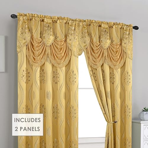 Elegant Comfort Aurora - Juego de Paneles de Cortina de Aspecto Jacquard con Cenefa adjunta, Respaldo para recámara, Sala de Estar, Comedor, 2 Cortinas de 54 x 84 Pulgadas, Color Dorado