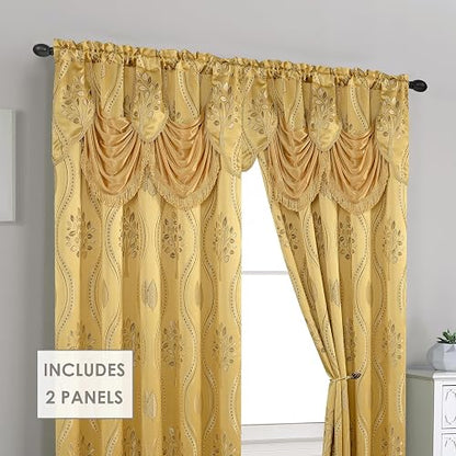 Elegant Comfort Aurora - Juego de Paneles de Cortina de Aspecto Jacquard con Cenefa adjunta, Respaldo para recámara, Sala de Estar, Comedor, 2 Cortinas de 54 x 84 Pulgadas, Color Dorado