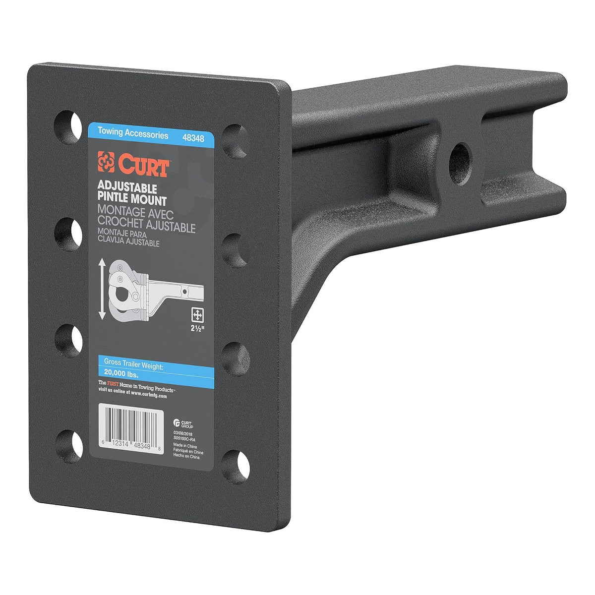 CURT 48348 Soporte de Enganche Ajustable para Garra, se Adapta a receptores de 2-1/2 Pulgadas, 20,000 Libras GTW, 7-1/4 Pulgadas de Altura de la Placa, 10-3/4 Pulgadas de Longitud del vástago