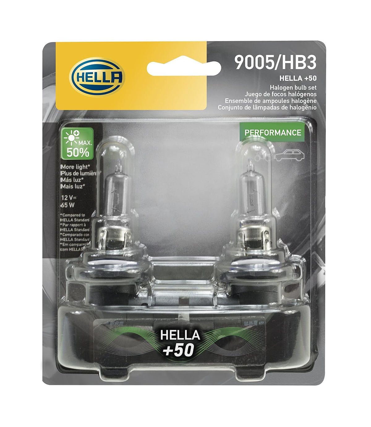 HELLA Foco Halógeno 9005 para Automóvil, 12 V - +50% - 65W - Blíster doble