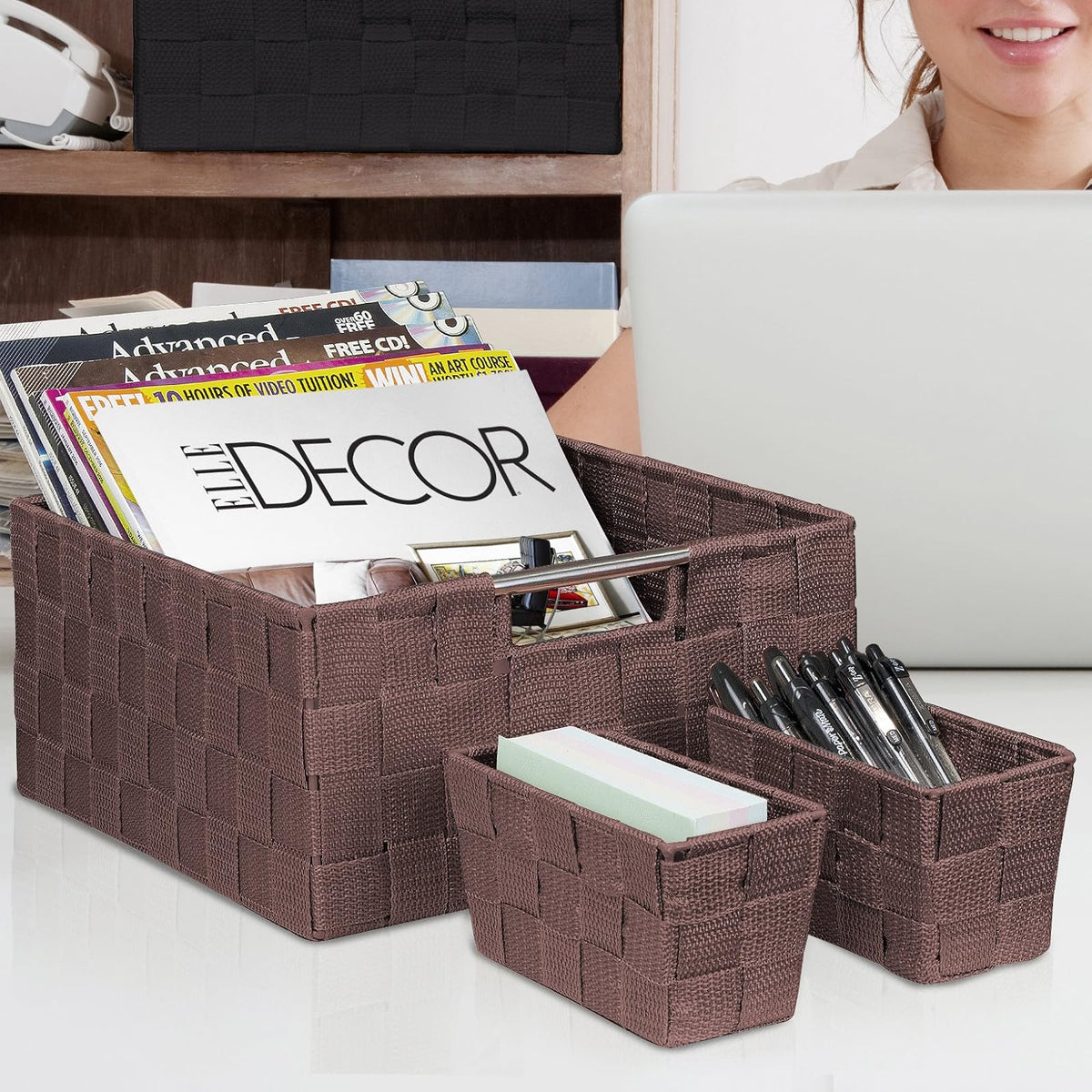 Sorbus Storage Baskets for Organizing (Set of 7), Mesh Hand-Woven Design, Linen Closet Organizers and Storage, Organizer Storage Baskets for Shelves, Variety Pack Organizers and Storage (Chocolate)