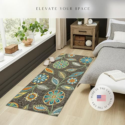 Maples Rugs Reggie - Alfombra Floral para Corredor, Fabricada en Estados Unidos, Lavable, Antideslizante para Cocina, Pasillo y lavandería, 2 pies 6 Pulgadas x 6 pies, Gris Oscuro