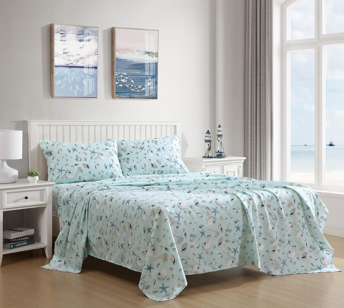 Beatrice Home Fashions Juego de sábanas de Microfibra con Estampado costero, Suave, cómodo, Bolsillos de 14 Pulgadas de Profundidad, Queen, mar Oceanside