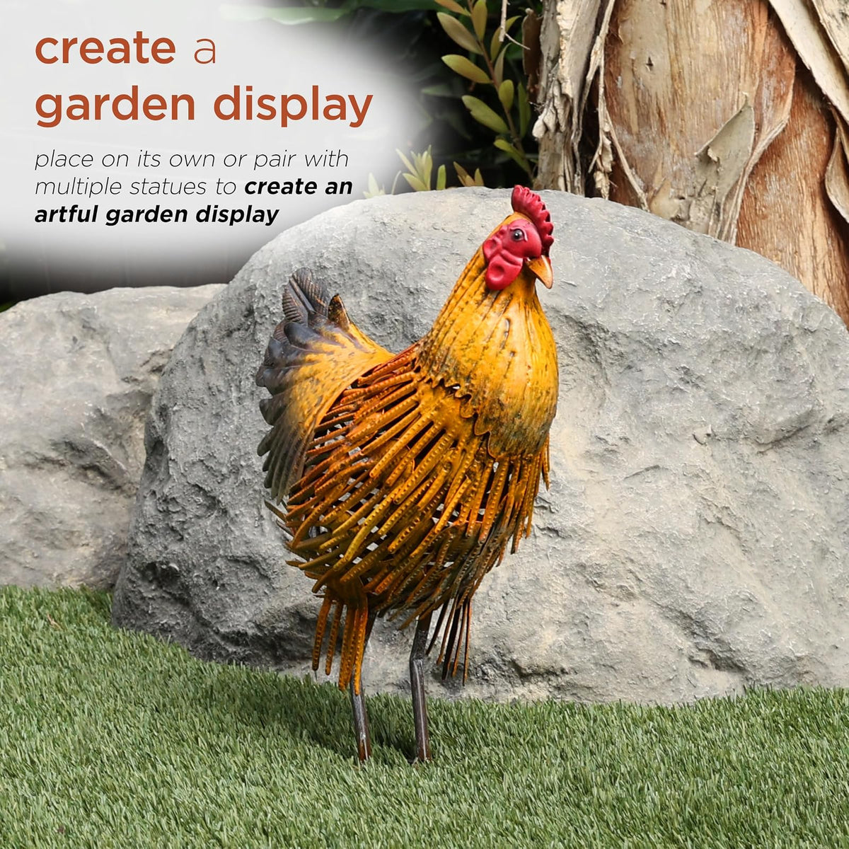 Alpine Corporation 16" H Indoor/Outdoor Metal Hen Decorative Garden Statue, Golden Brown