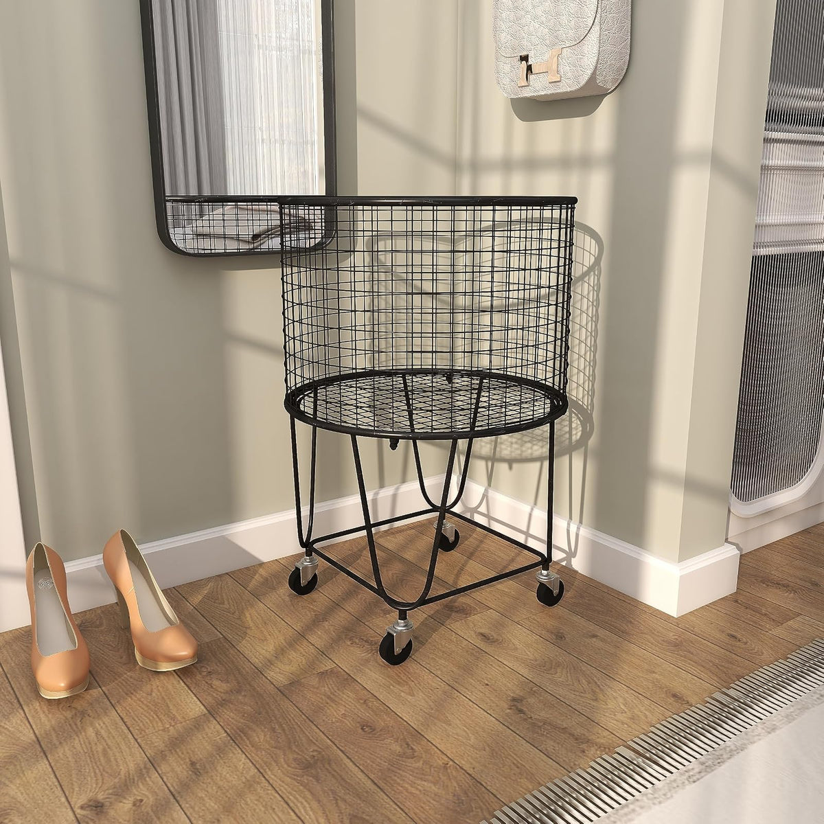 CosmoLiving by Cosmopolitan Metal Deep Set Rolling Mesh Laundry Basket Storage Cart, 17" x 17" x 25", Black