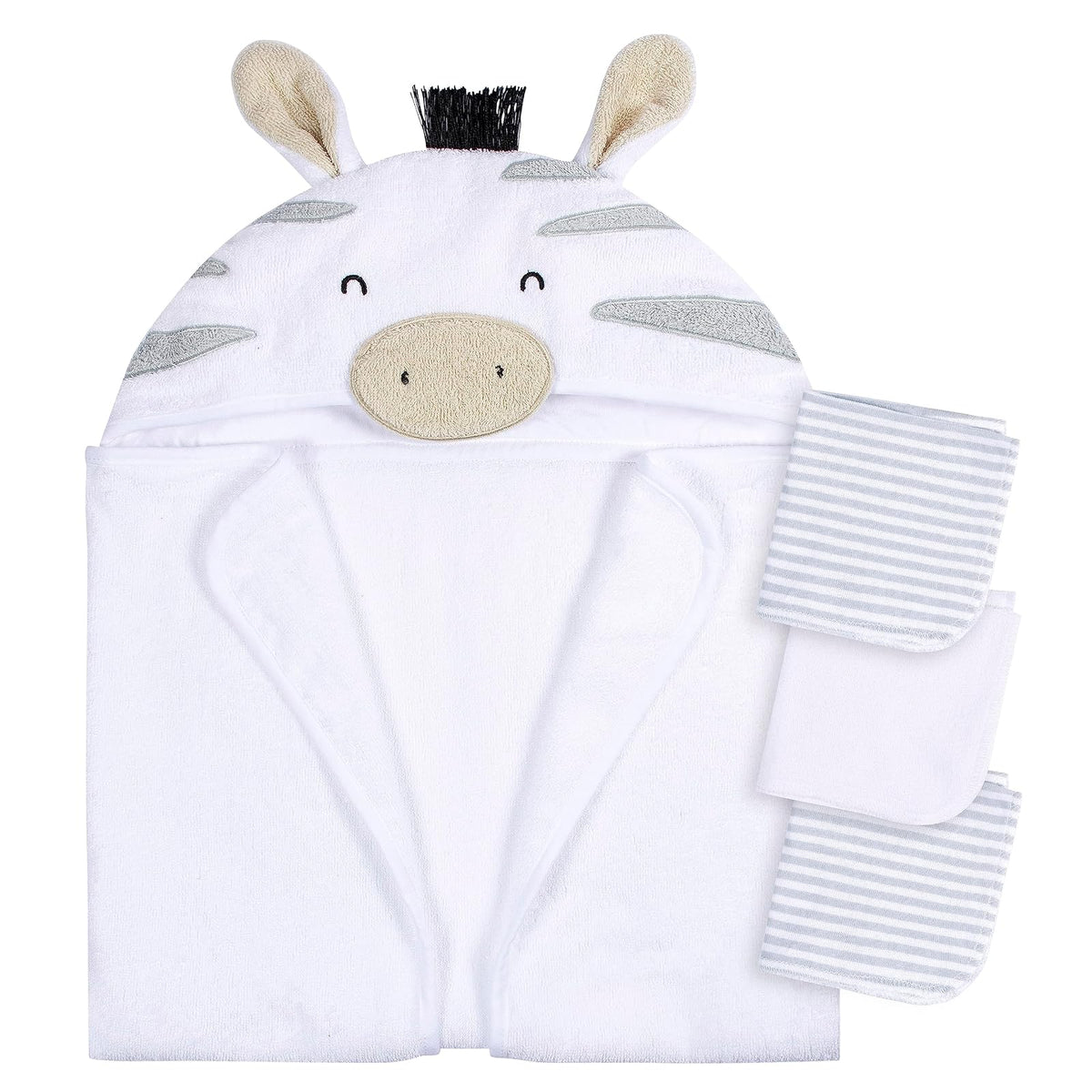Gerber Baby - Juego de 4 Toallas con Capucha y paño de Toalla con Capucha y diseño de Animales, Cebra Gris, Talla única