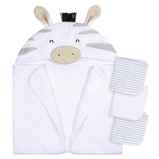 Gerber Baby - Juego de 4 Toallas con Capucha y paño de Toalla con Capucha y diseño de Animales, Cebra Gris, Talla única