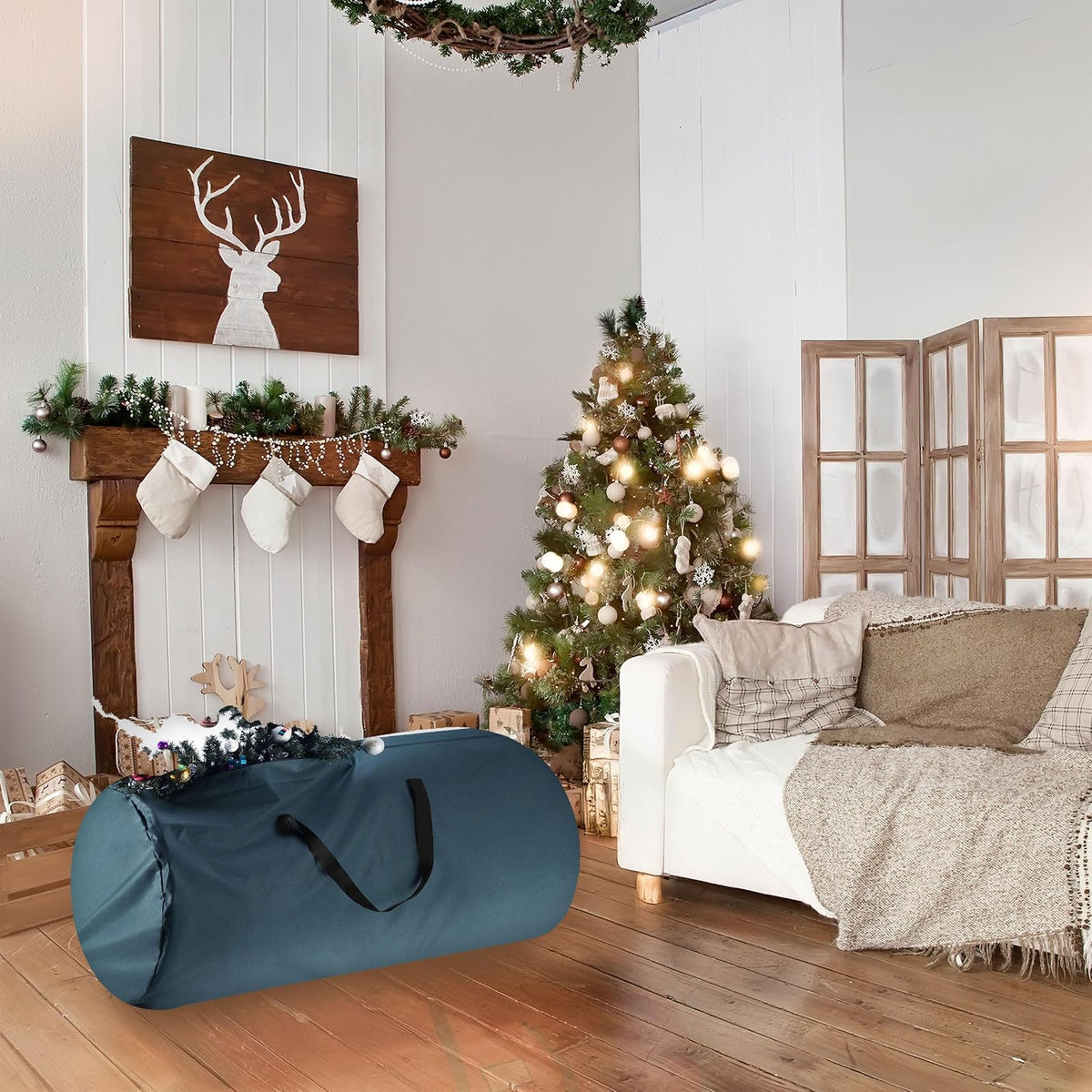 Tiny Tim Totes Bolsa de almacenamiento para árbol de Navidad, lona redonda de alta calidad, se adapta a árboles de hasta 12 pies, verde