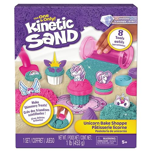 Kinetic Sand, set de juego Tienda de pasteles de unicornio, 453 g de Kinetic Sand (turquesa y rosa), 8 herramientas de unicornio, juguetes sensoriales para niños y niñas a partir de 3 años