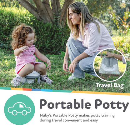 Nuby On-The-Go Asiento Portátil para Orinal - Asiento de Inodoro de Viaje para Niños y Niñas de 18+ Meses - Incluye Bolsa de Almacenamiento y Forros Desechables para Orinal - Esenciales de Viaje para