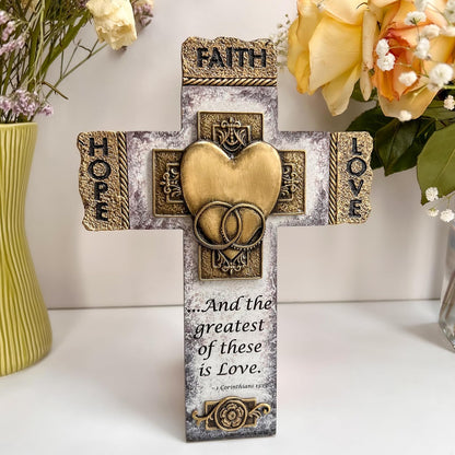Abbey Gift Cruz de pared para matrimonio de fe, esperanza y amor, con versículo bíblico, regalo de boda, compromiso y renovación de votos para parejas, 7.25 x 10.5 pulgadas, plateado/dorado