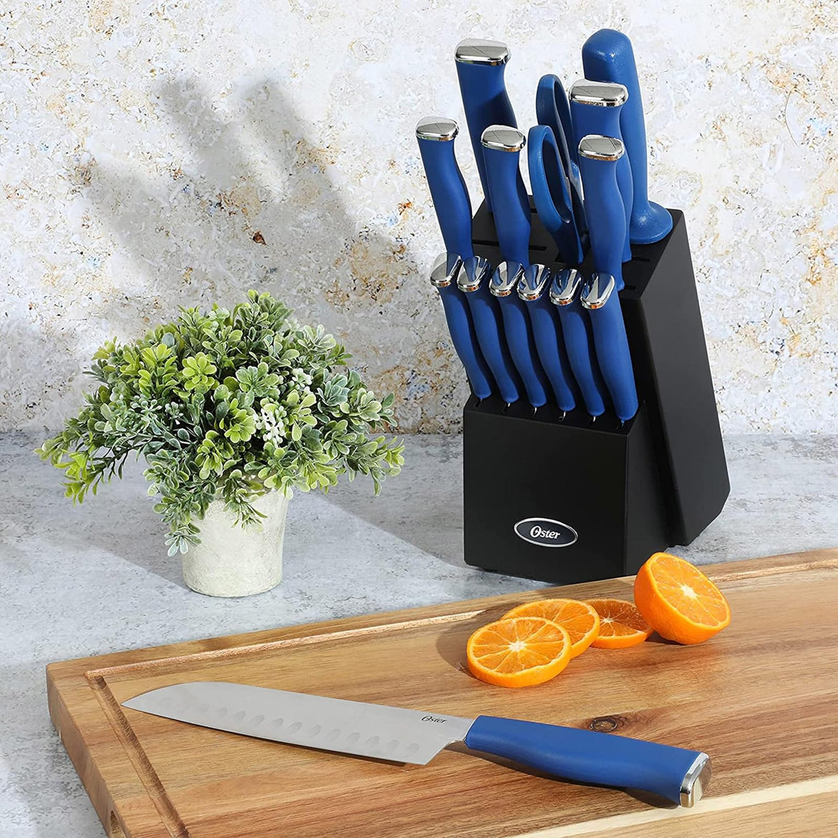 Oster Langmore - Juego de 15 cuchillos de acero inoxidable con caja negra, asas clásicas azules